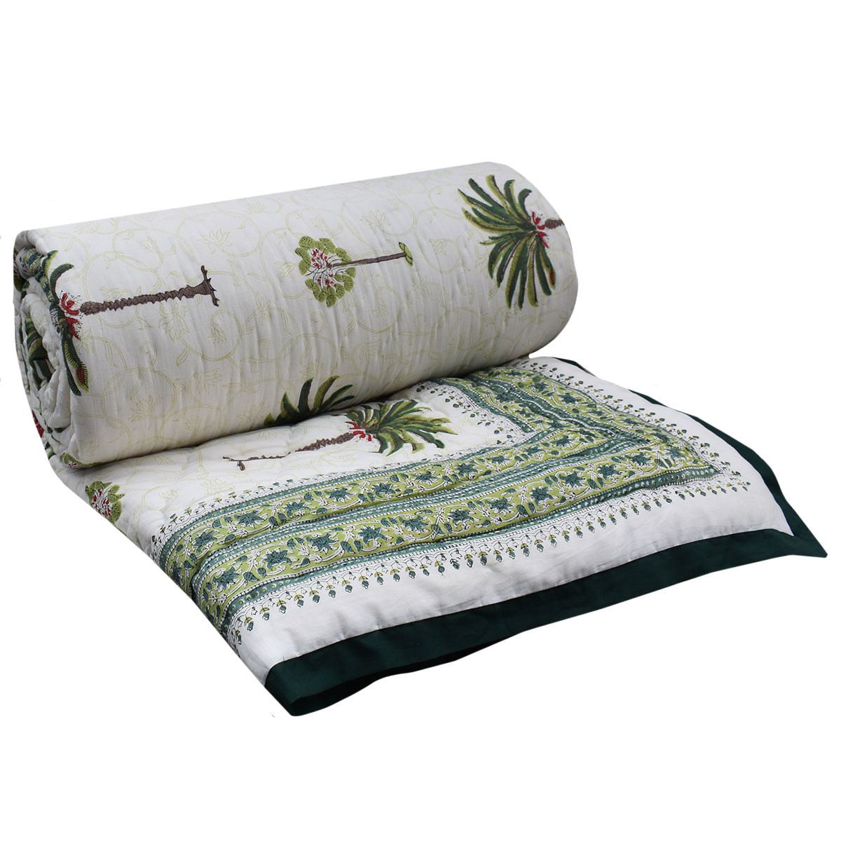Hand Block Printed Cotton Queen Size Quilt Palm Tree Green 109024