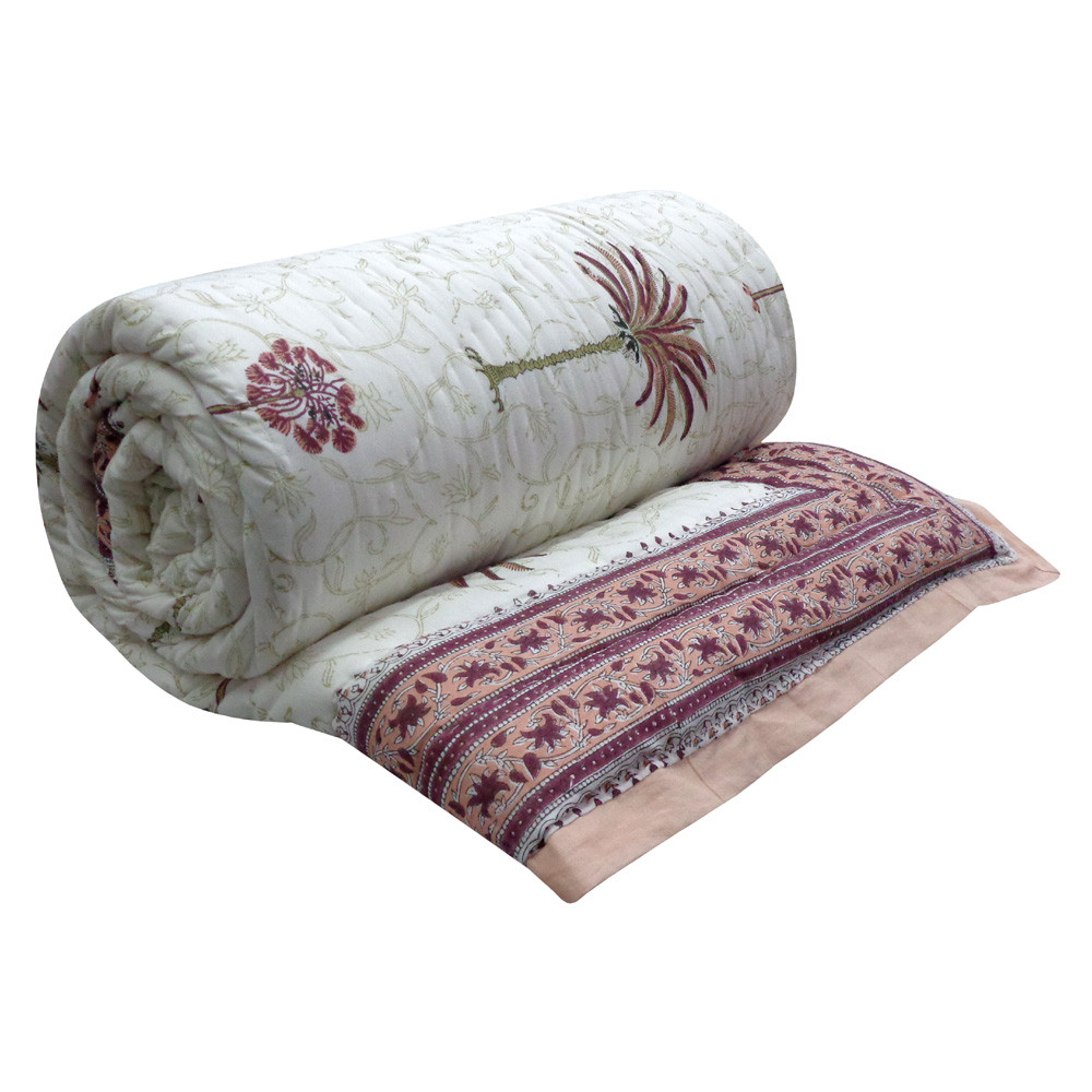 Hand Block Printed Cotton Queen Size Quilt  Palm Tree Pink 203617