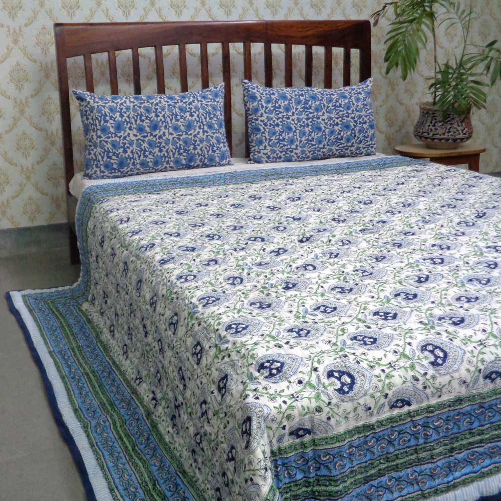 Handmade Block Printed Cotton Queen Quilt Pan Leaf Blue 309622