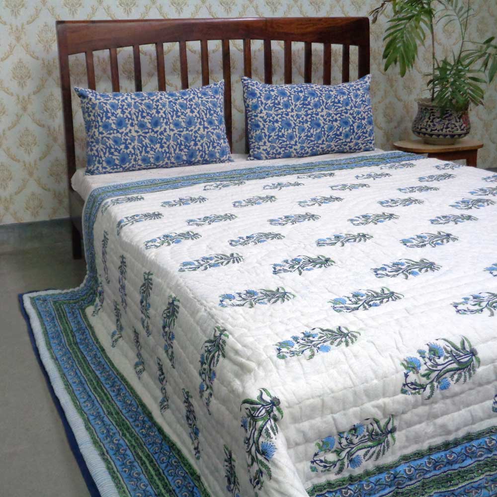 Handmade Block Printed Cotton Queen Quilt Pan Leaf Blue 309622