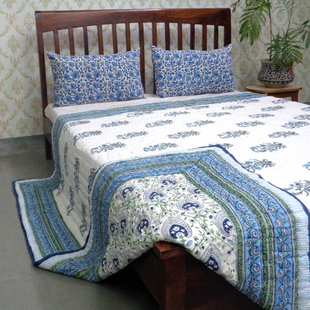 Handmade Block Printed Cotton Queen Quilt Pan Leaf Blue 309622