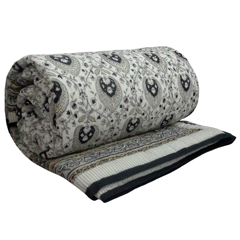 Hand Block Printed Cotton Queen Size Quilt Pan Leaf Dusk 102763