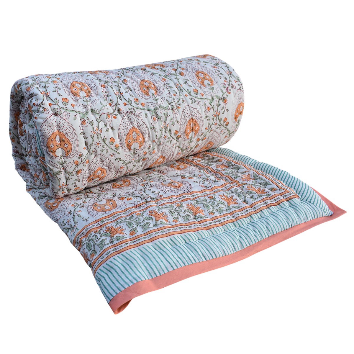Hand Block Printed Cotton Queen Size Quilt Pan Leaf Orange 251201