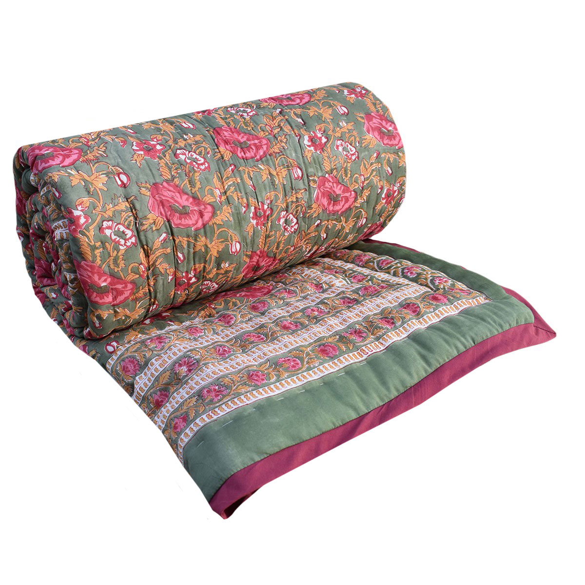 Hand Block Printed Cotton Queen Size Quilt Pink Flower Bloom 251202