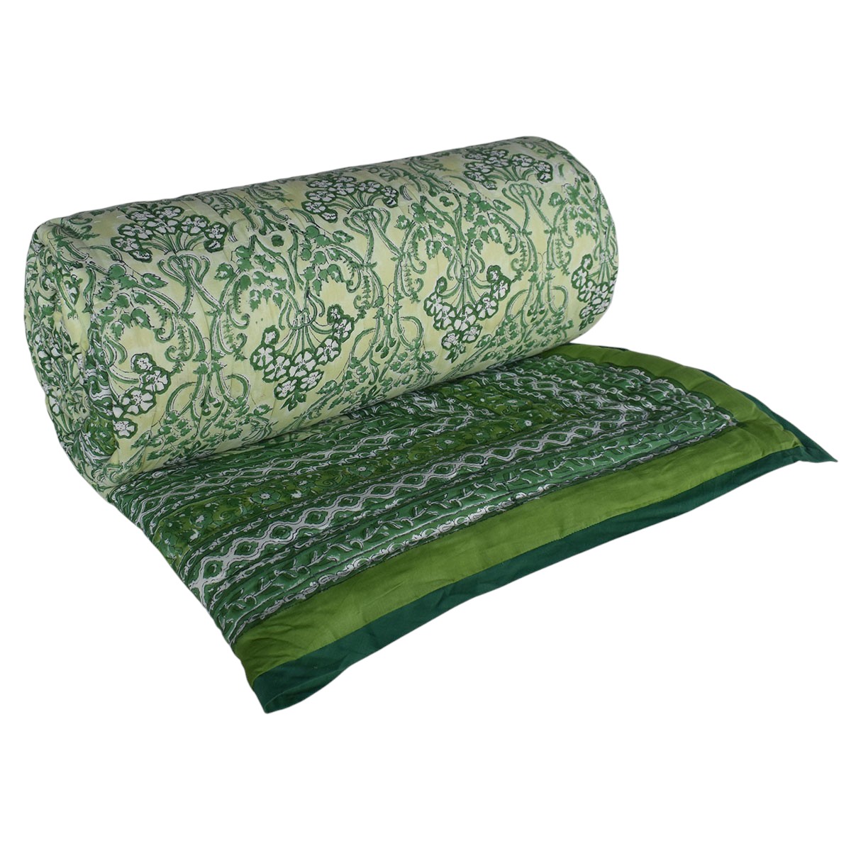 Hand Block Printed Cotton Queen Size Quilt Raat Ki Rani Green 207006