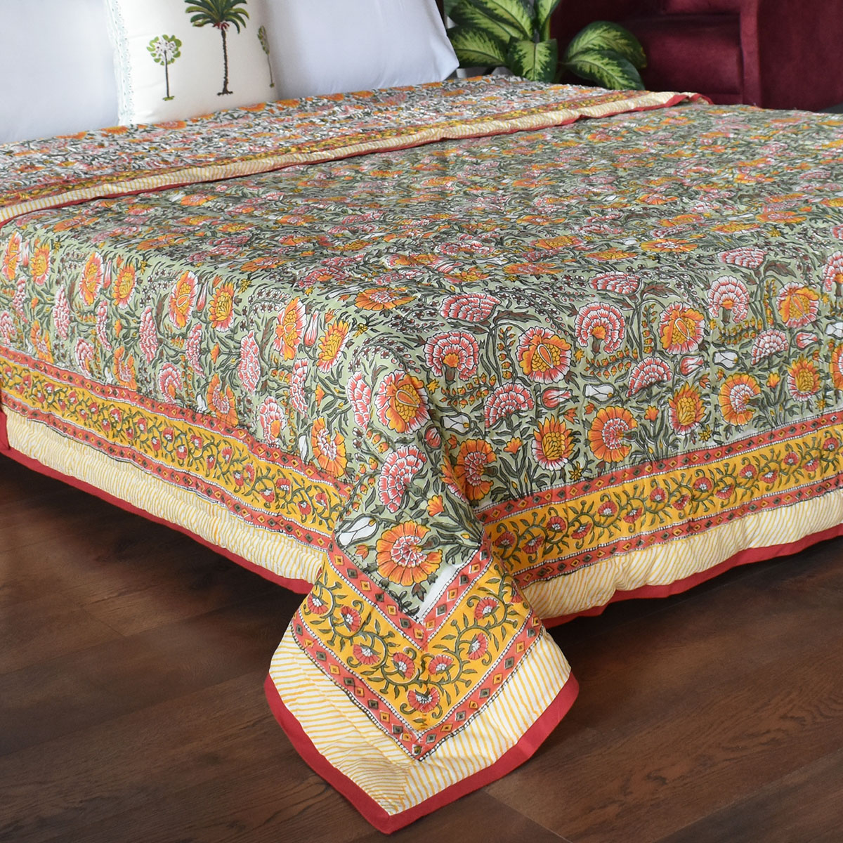 Hand Block Printed Cotton Queen Size Quilt Reshma Sea Green 201990