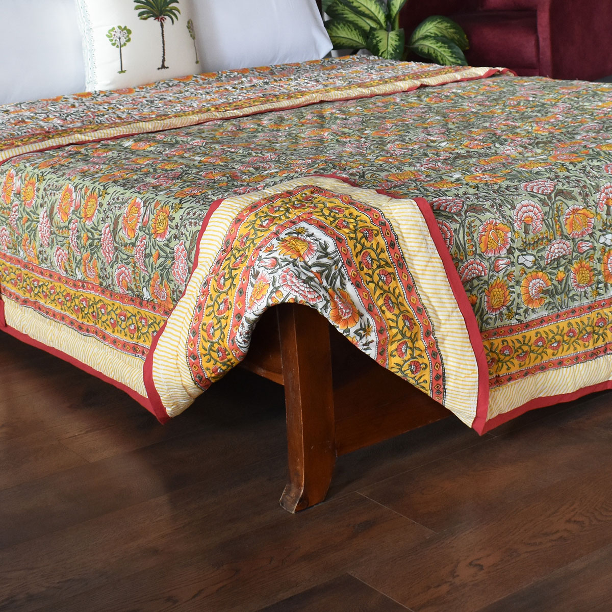 Hand Block Printed Cotton Queen Size Quilt Reshma Sea Green 206148