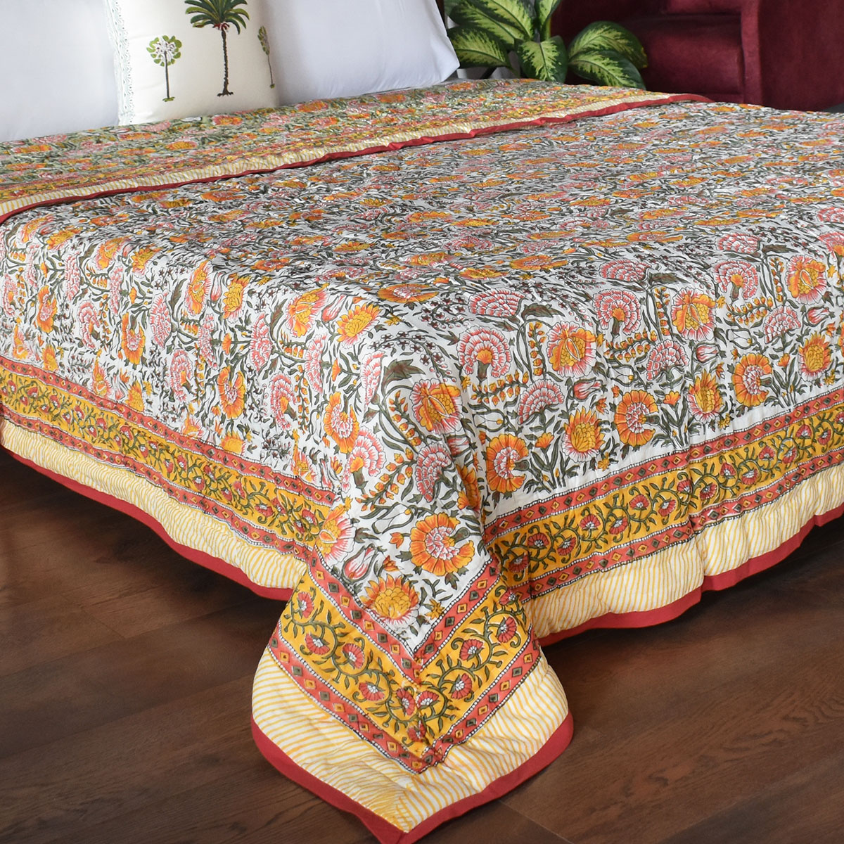 Hand Block Printed Cotton King Size Quilt Reshma Sea Green 206148