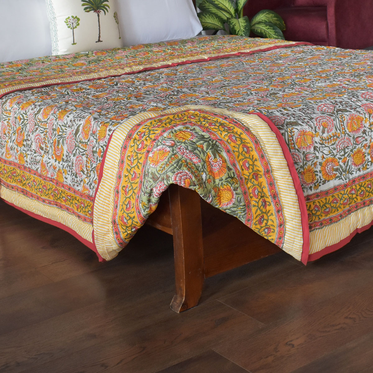 Hand Block Printed Cotton Queen Size Quilt  Reshma Sea Green 201990