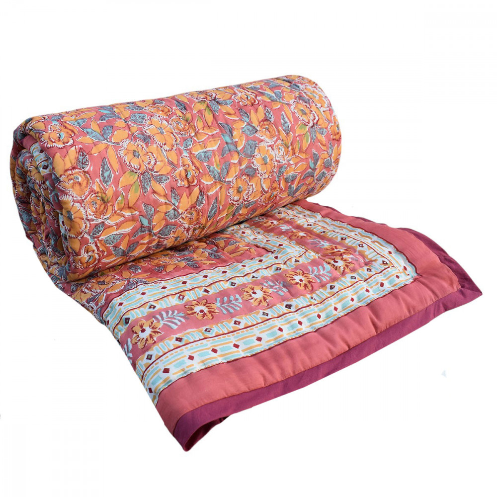Image of Hand Block Printed Cotton Queen Size Quilt | Sadabahar Orange 251204