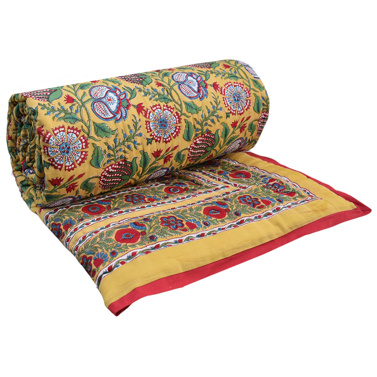 Hand Block Printed Cotton Queen Size Quilt Spring Yellow Garden 251206
