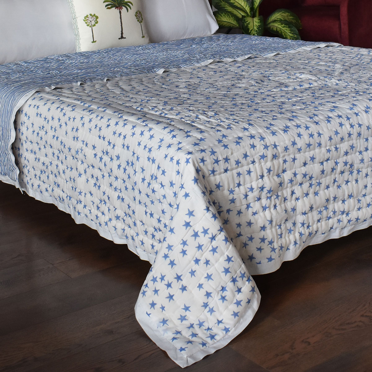 Hand Block Printed Cotton Twin Size Quilt Star Blue 202509