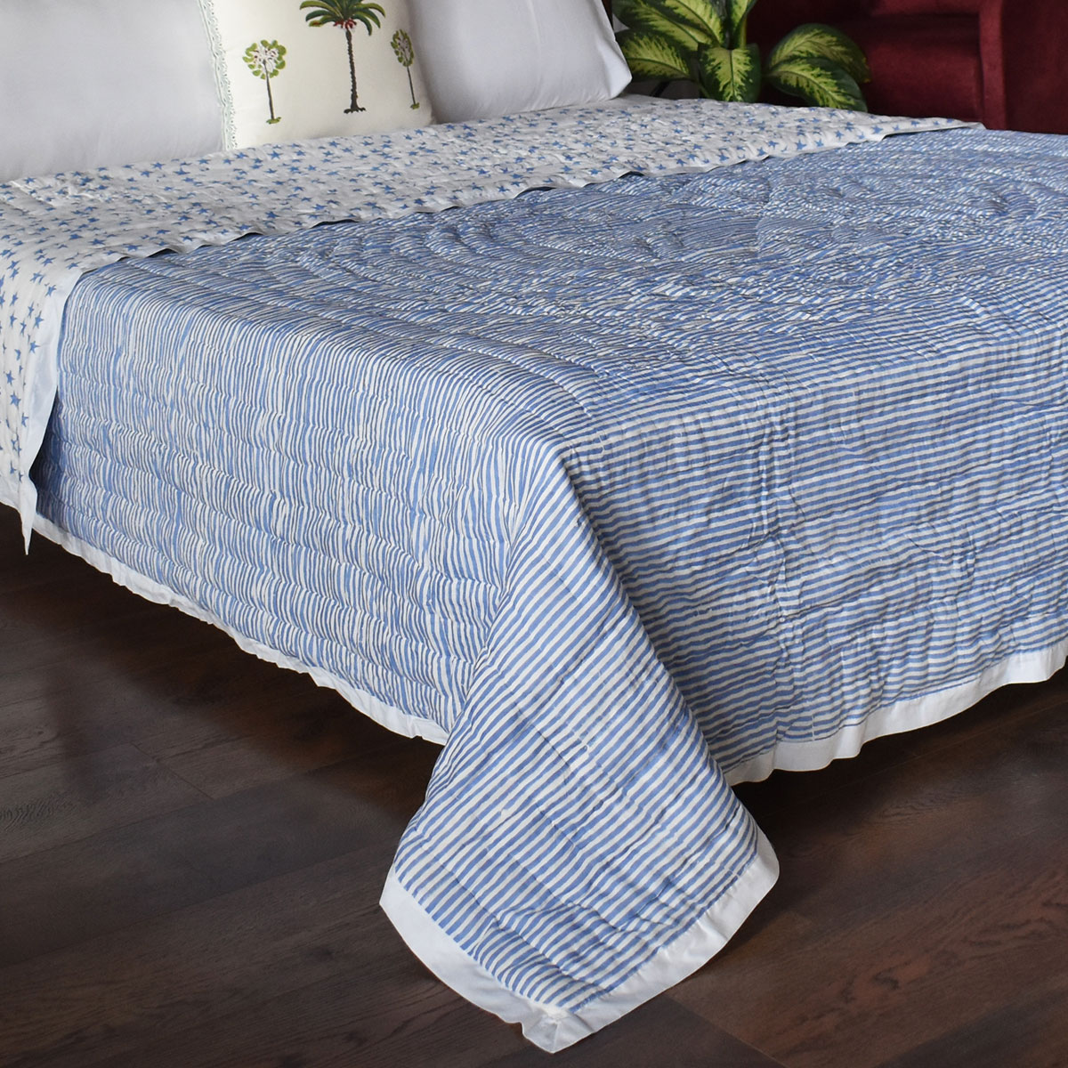 Hand Block Printed Cotton Twin Size Quilt Star Blue 202509