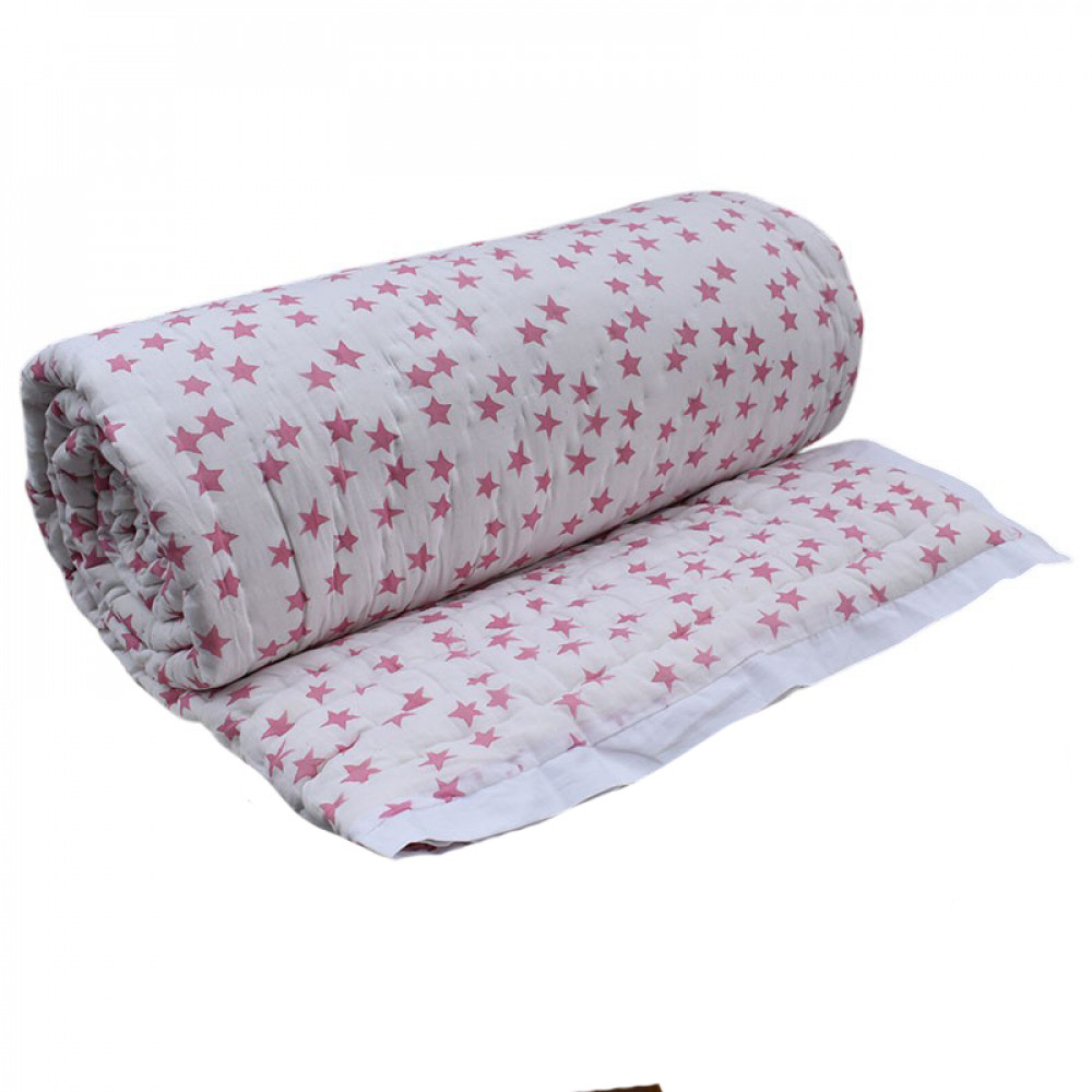 Image of Hand Block Printed Cotton Queen Size Quilt |  Star Pink 202511