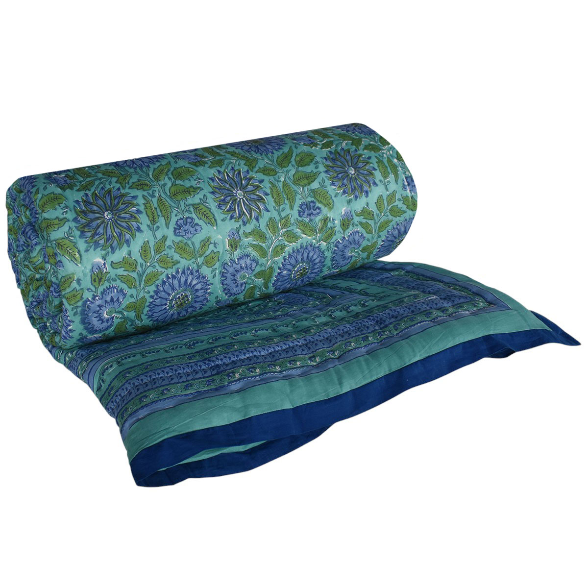 Handmade Block Printed Cotton Queen Quilt Surajmukhi Blue 1065