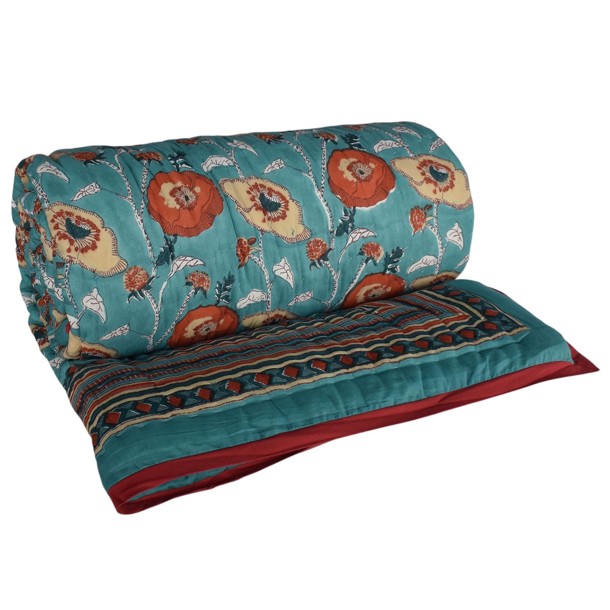 Queen Size Soft Cotton Quilt Handmade  Teal Flower 100391