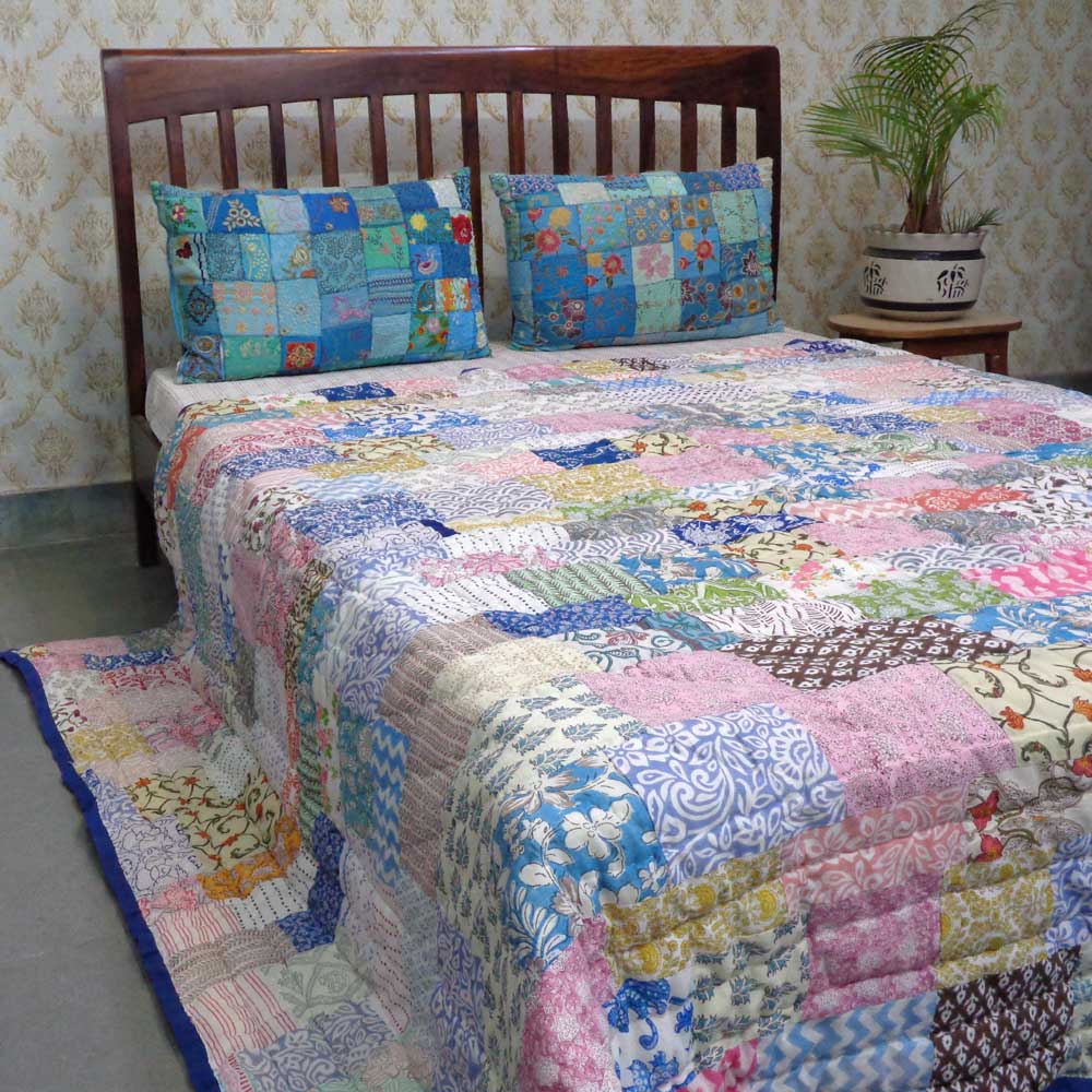 Hand Block Printed Cotton Patchwork Queen Size Quilt 203740