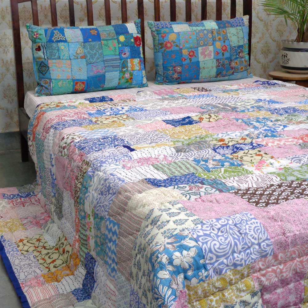 Hand Block Printed Cotton Patchwork Queen Size Quilt 203740