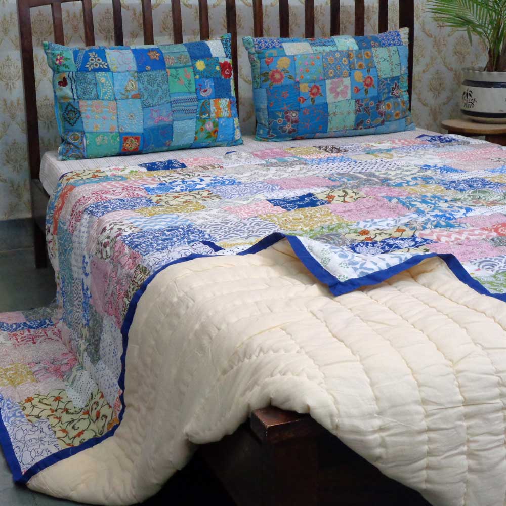 Hand Block Printed Cotton Patchwork Queen Size Quilt 203740