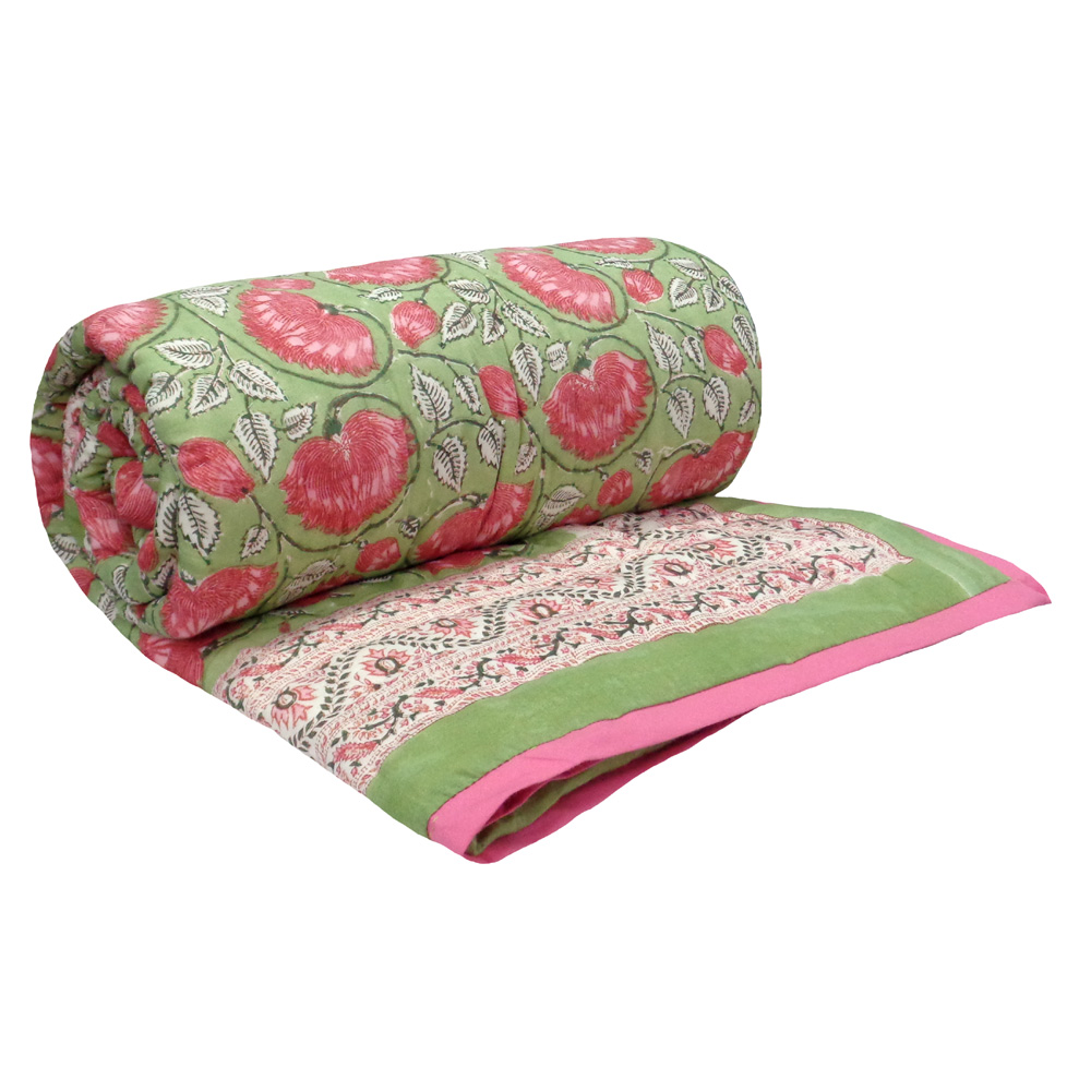 Hand Block Printed Cotton Twin Size Quilt Kamal Gulabi 101968