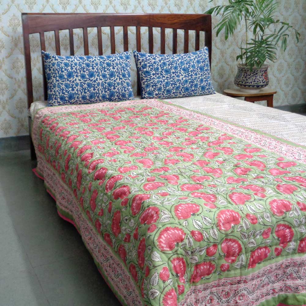 Hand Block Printed Cotton Twin Size Quilt Kamal Gulabi 101968