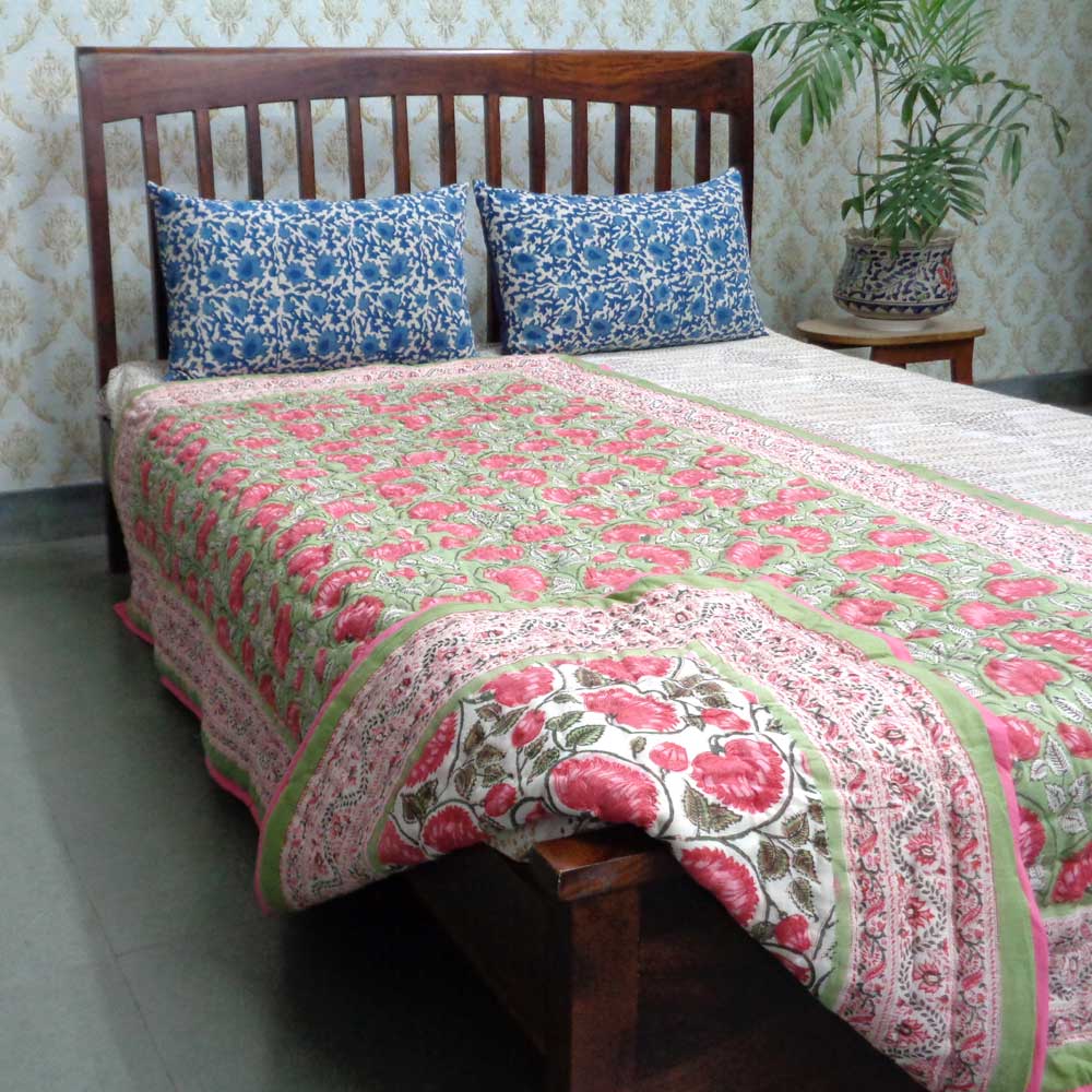 Hand Block Printed Cotton Twin Size Quilt Kamal Gulabi 101968