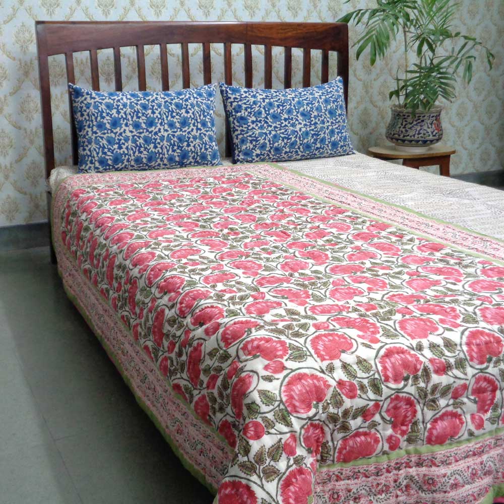 Hand Block Printed Cotton Twin Size Quilt Kamal Gulabi 101968