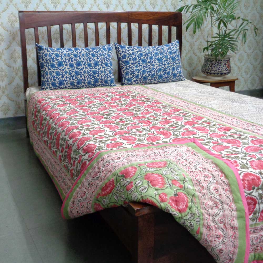 Hand Block Printed Cotton Twin Size Quilt Kamal Gulabi 101968