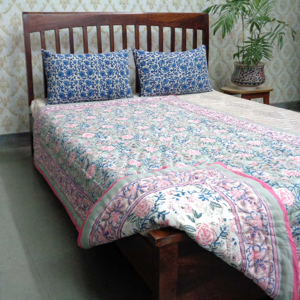Hand Block Printed Cotton Twin Size Quilt  Naya Gulab 101976