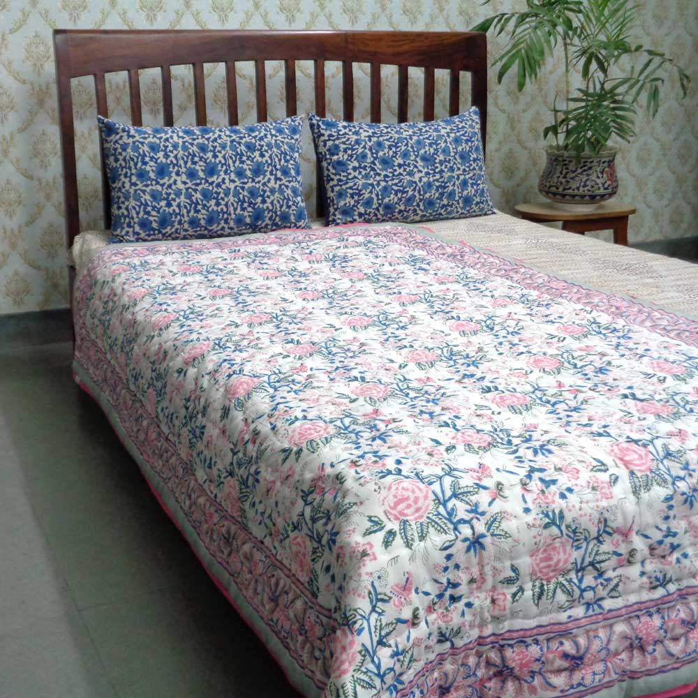 Hand Block Printed Cotton Twin Size Quilt  Naya Gulab 101976