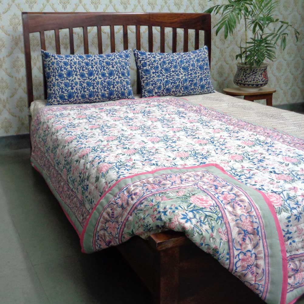 Hand Block Printed Cotton Twin Size Quilt  Naya Gulab 101976