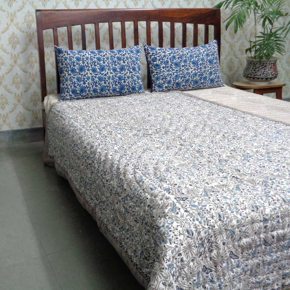 Handmade Block Printed Cotton Twin Size Quilt Passion Flower 108709