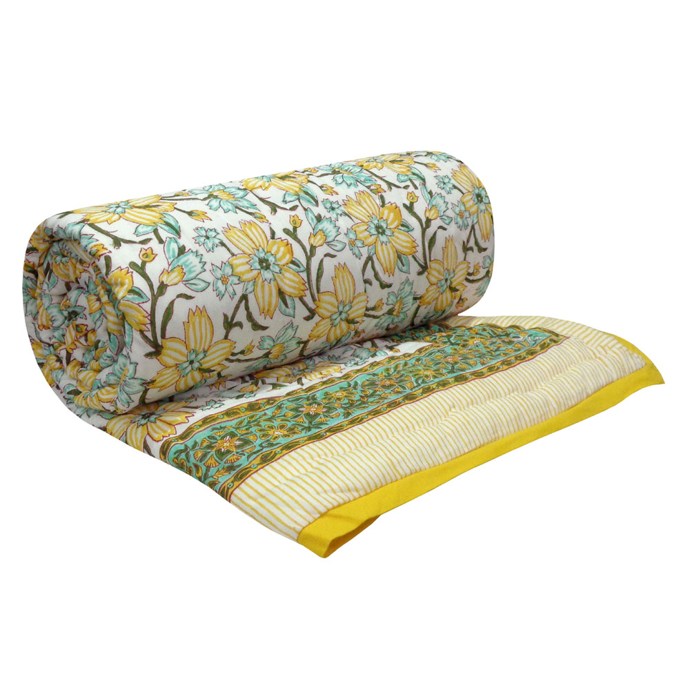 Hand Block Printed Cotton Twin Size Quilt Champa Kali 204564