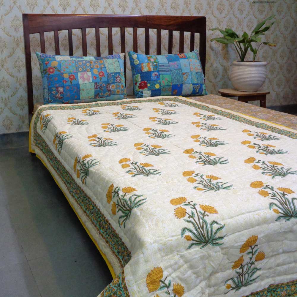 Hand Block Printed Cotton Twin Size Quilt Champa Kali 204564
