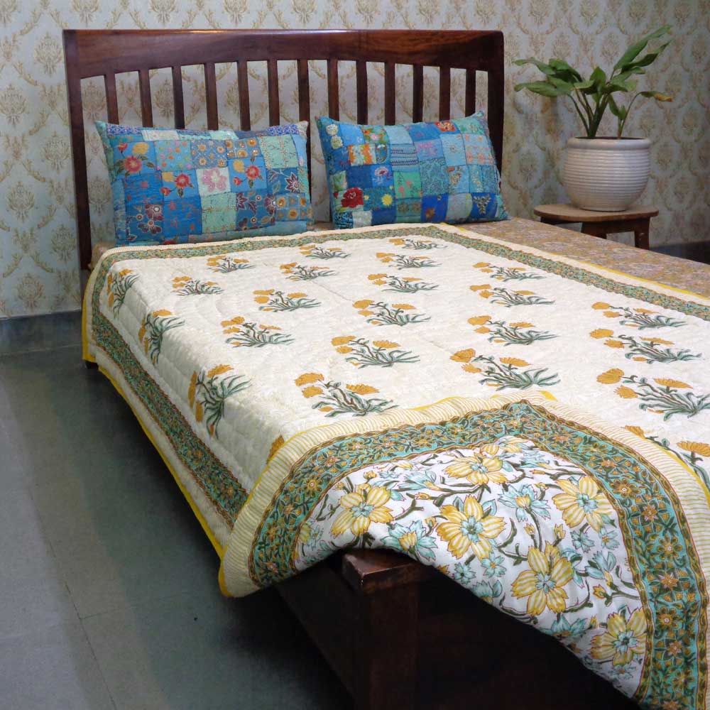Hand Block Printed Cotton Twin Size Quilt Champa Kali 204564