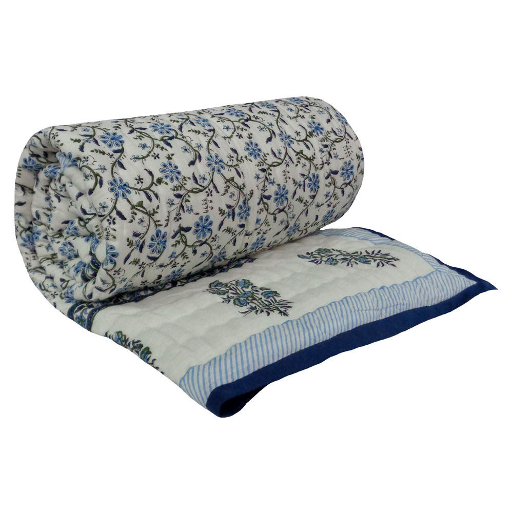 Handmade Block Printed Cotton Twin Size Quilt Ragini Blue 105175