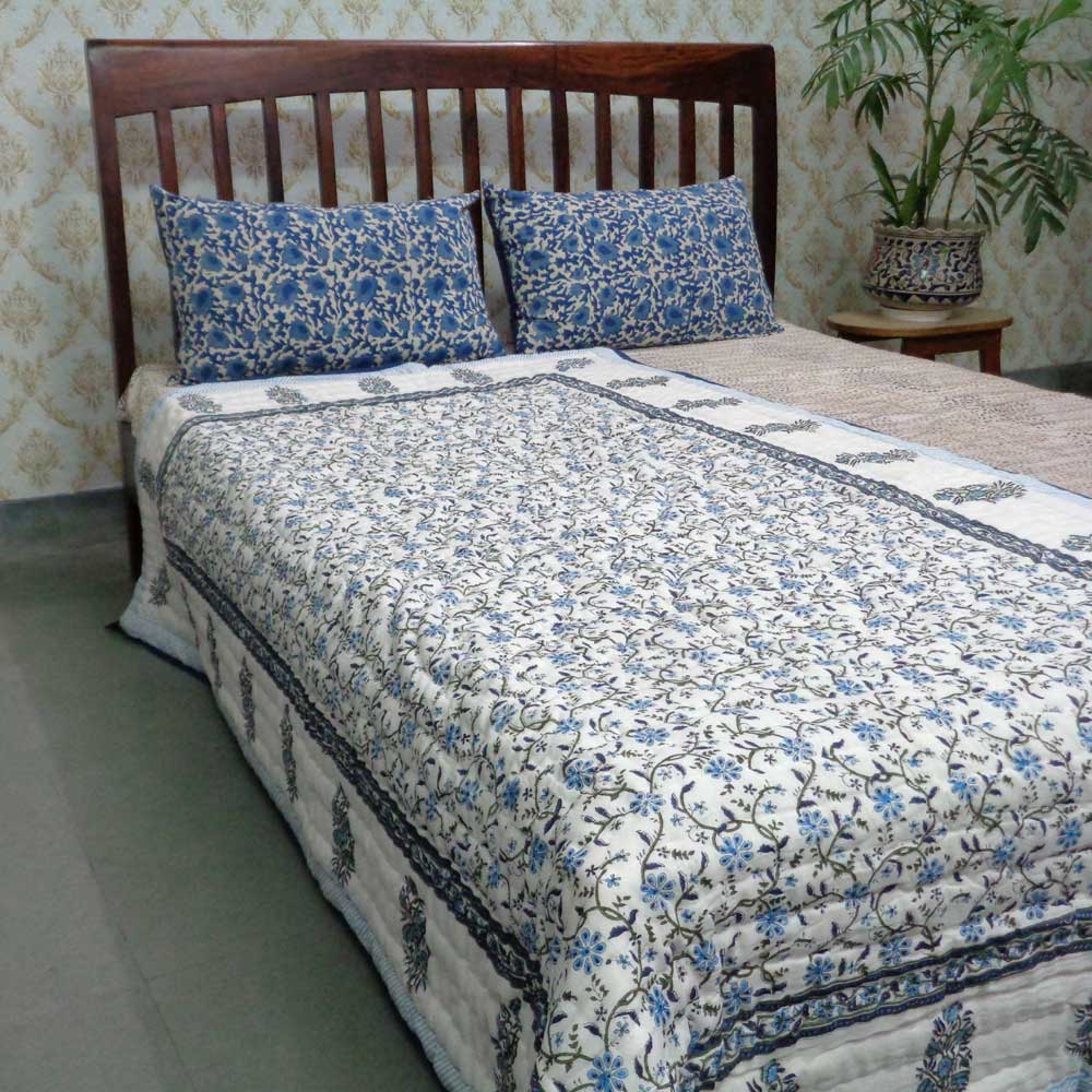 Handmade Block Printed Cotton Twin Size Quilt Ragini Blue 105175