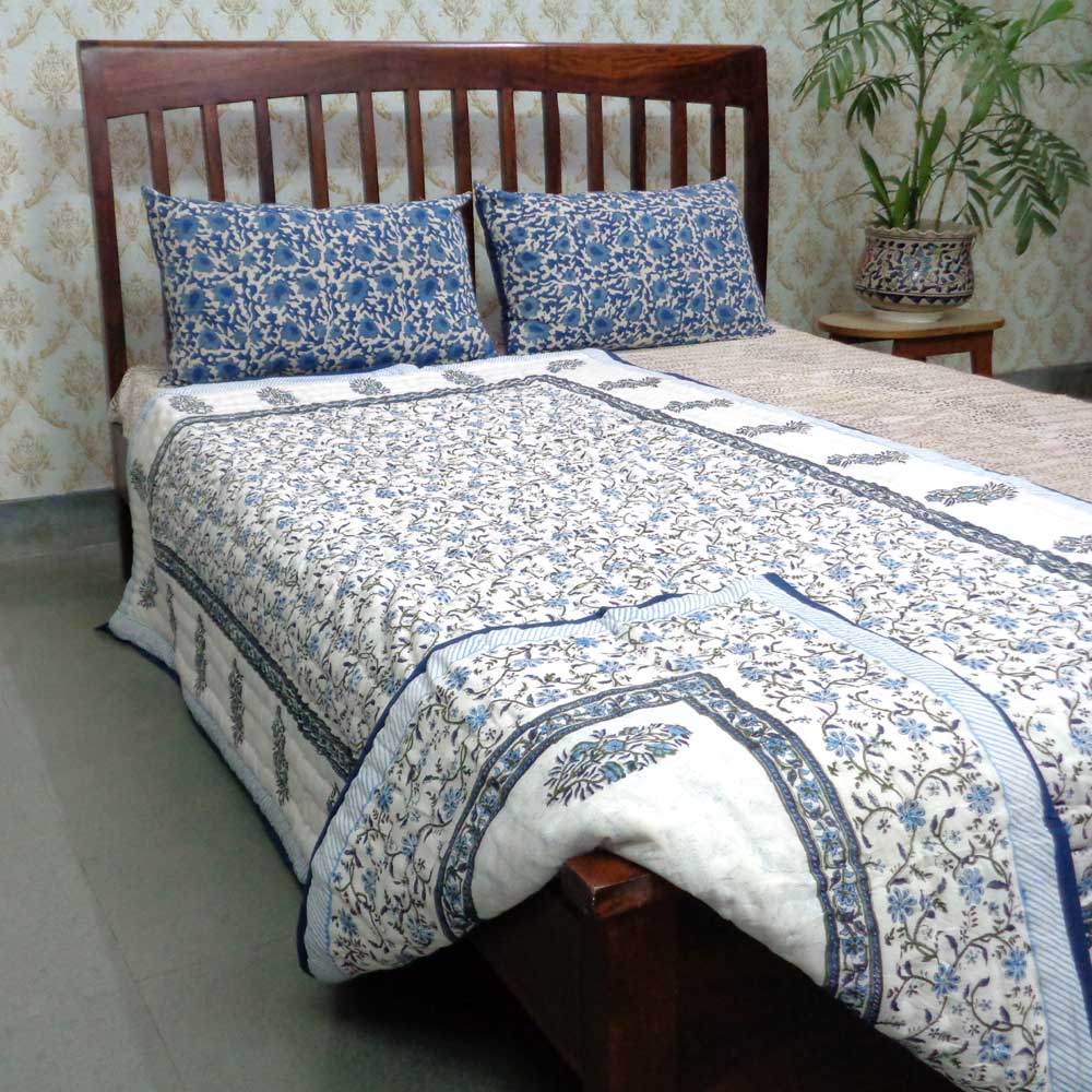 Handmade Block Printed Cotton Twin Size Quilt Ragini Blue 105175