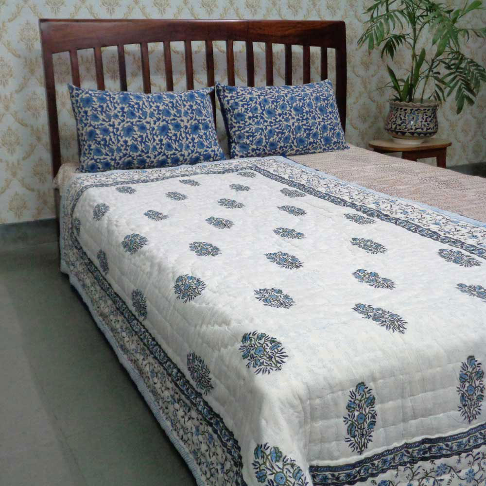 Handmade Block Printed Cotton Twin Size Quilt Ragini Blue 105175