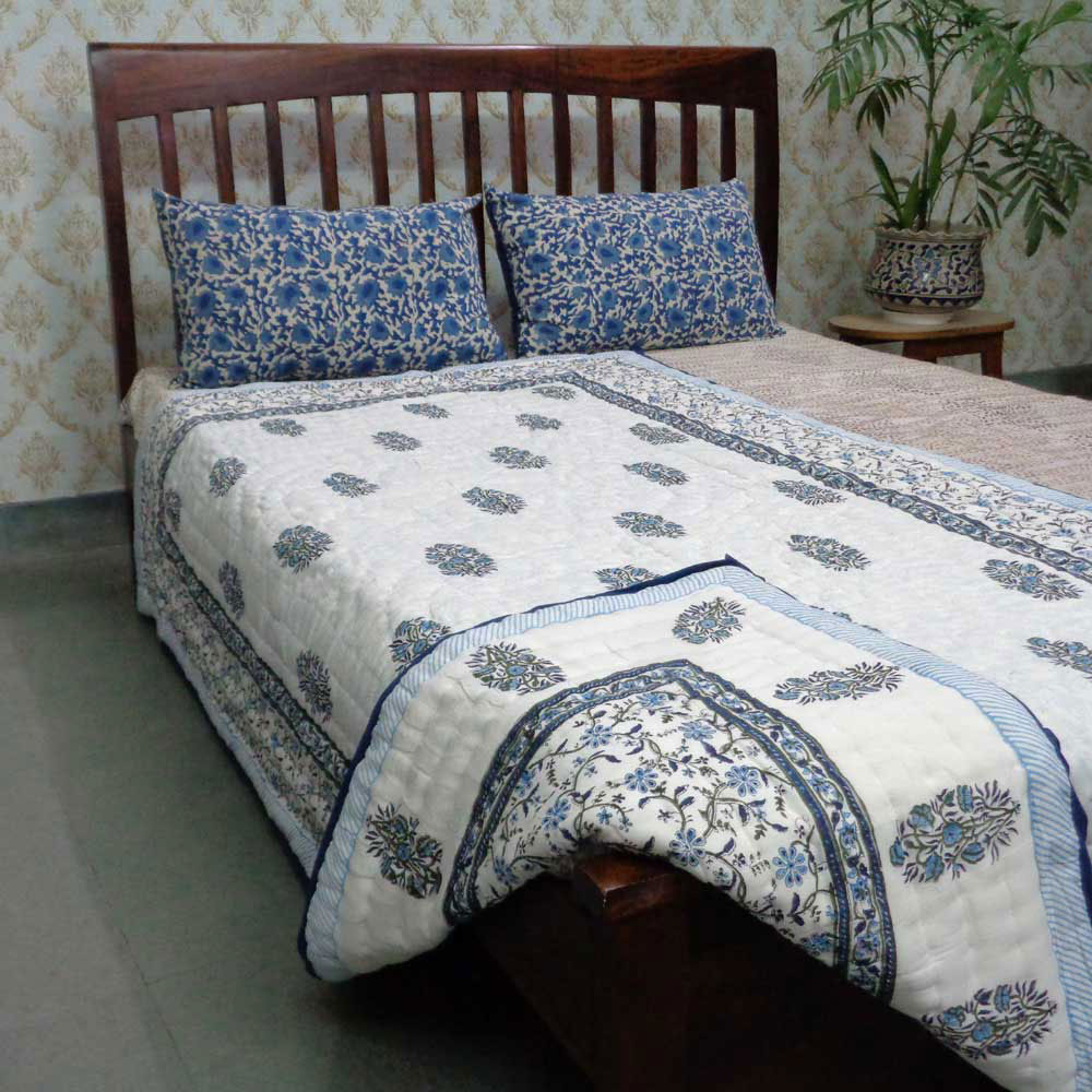 Handmade Block Printed Cotton Twin Size Quilt Ragini Blue 105175