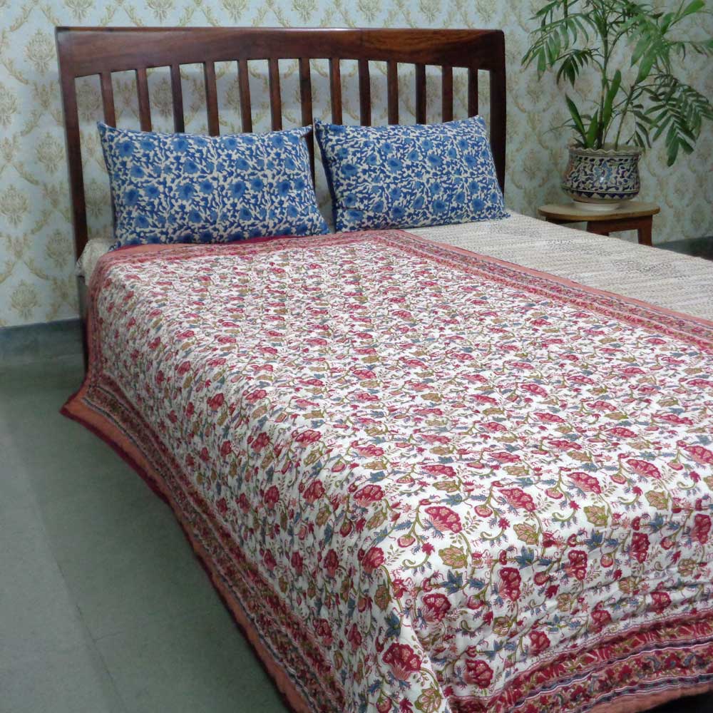 Handmade Block Printed Cotton Twin Size Quilt Genda Bale 105180