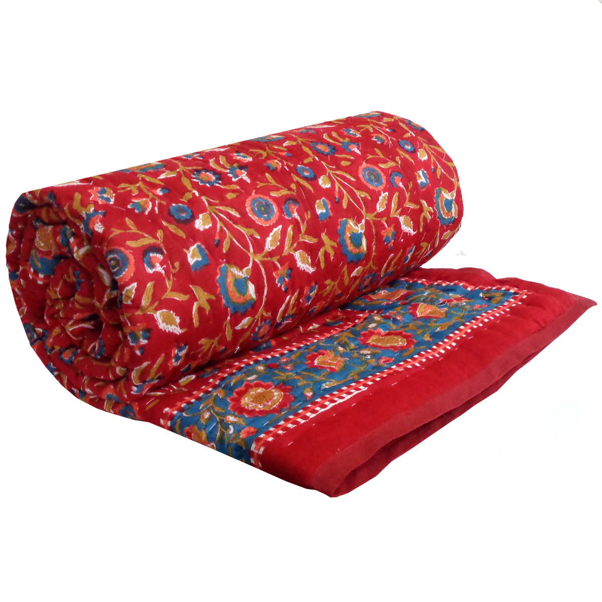 Hand Block Printed Cotton Twin Size Quilt Kashida Red 303581