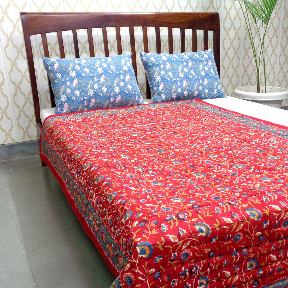 Hand Block Printed Cotton Twin Size Quilt Kashida Red 303581