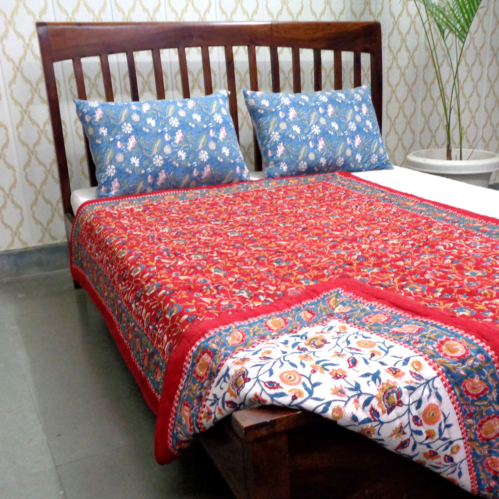 Hand Block Printed Cotton Twin Size Quilt Kashida Red 303581