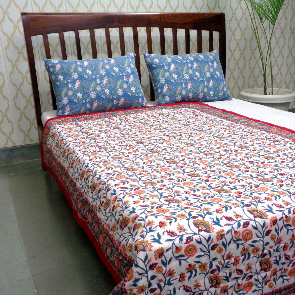 Hand Block Printed Cotton Twin Size Quilt Kashida Red 303581