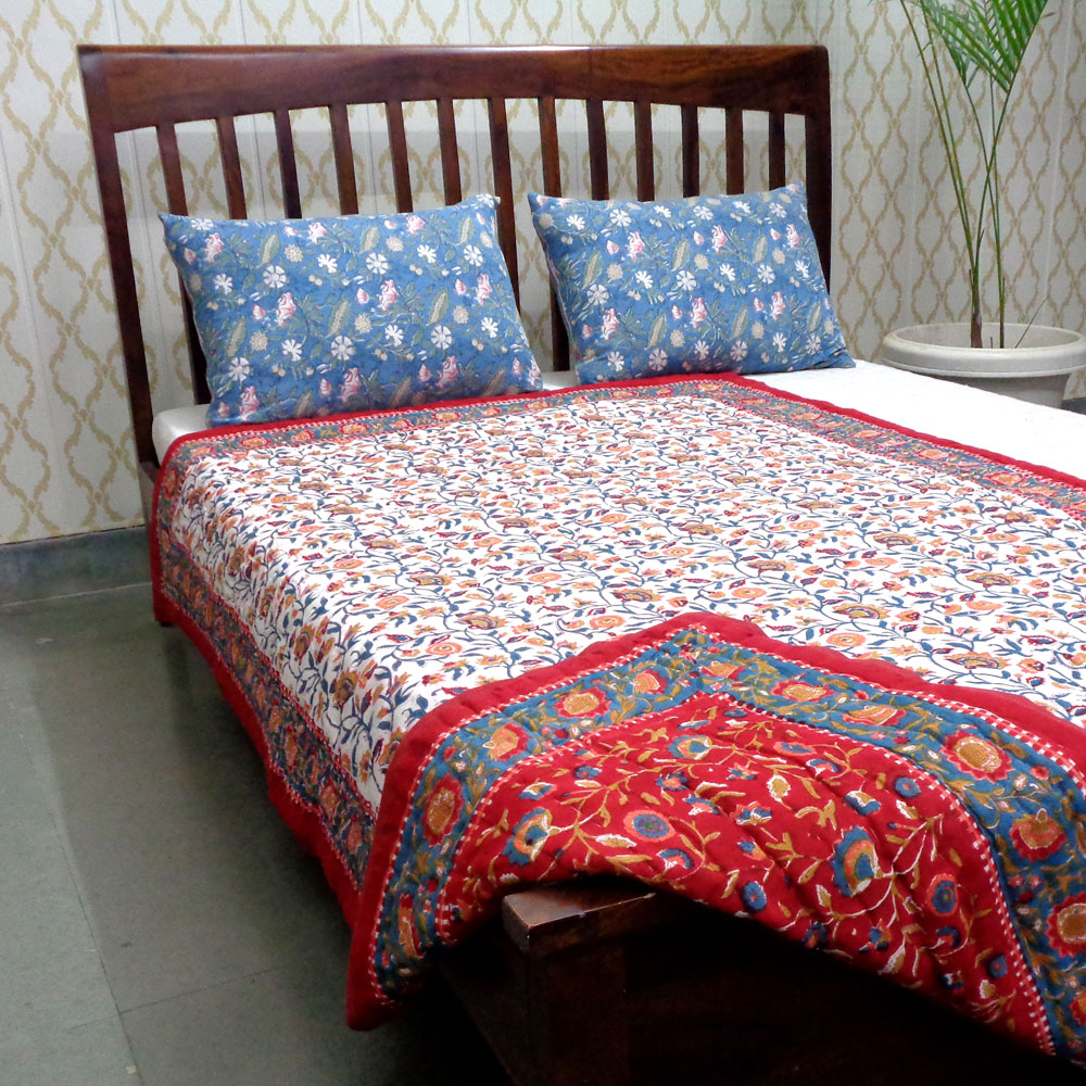 Hand Block Printed Cotton Twin Size Quilt  Kashida Red 303581
