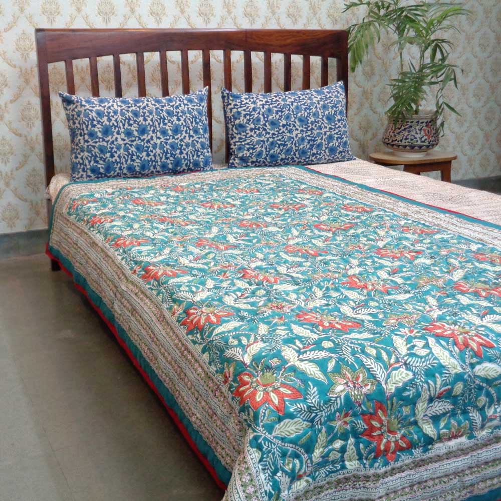 Hand Block Printed Cotton Twin Size Quilt Bossanova Green Gud 393939