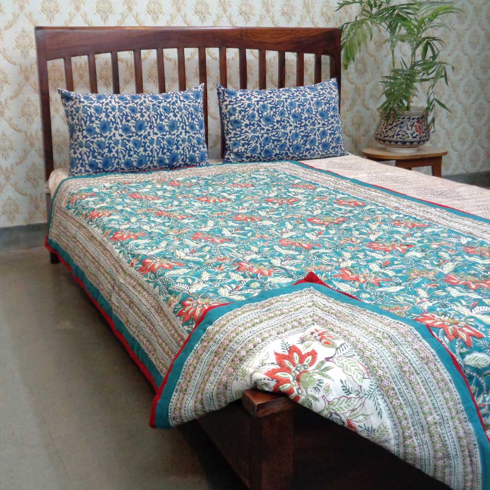 Hand Block Printed Cotton Twin Size Quilt Bossanova Green Gud 393939