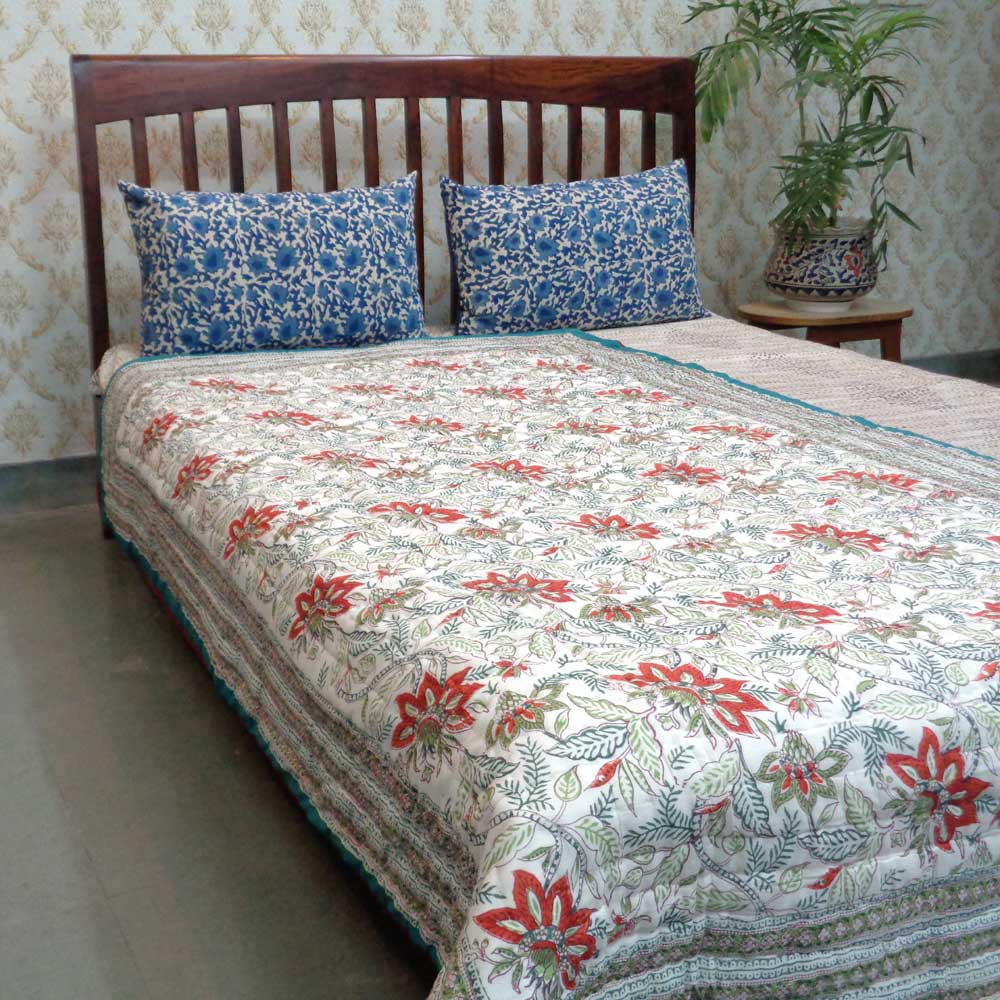 Hand Block Printed Cotton Twin Size Quilt Bossanova Green Gud 393939