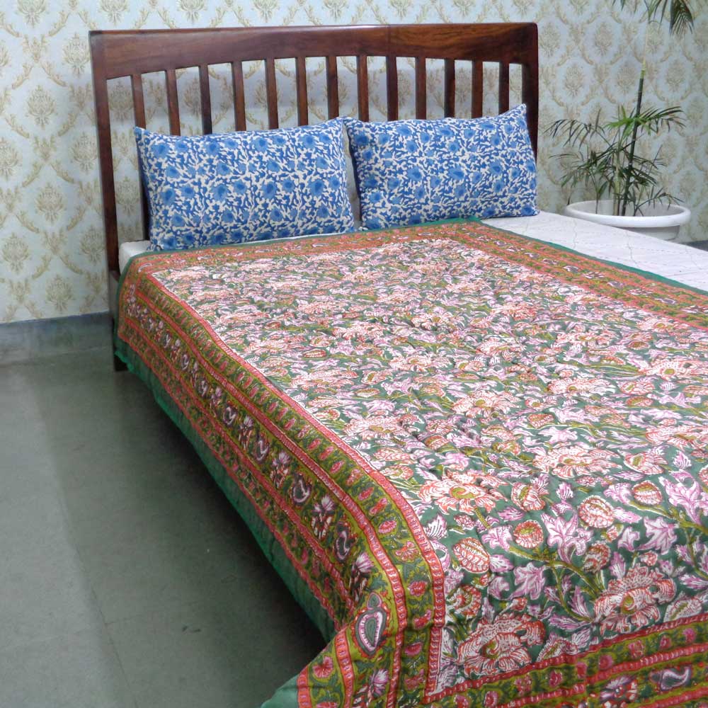 Hand Block Printed Cotton Twin Size Quilt Amarnath Green Gud 109001
